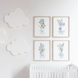 blue bow flower printable wall art set watercolor floral artwork for gender neutral nursery