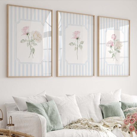 Set of 13 printable rose wall art blue stripe botanical flower digital download posters
