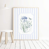 Digital wall art with blue wildflowers and butterflies for baby room gallery wall