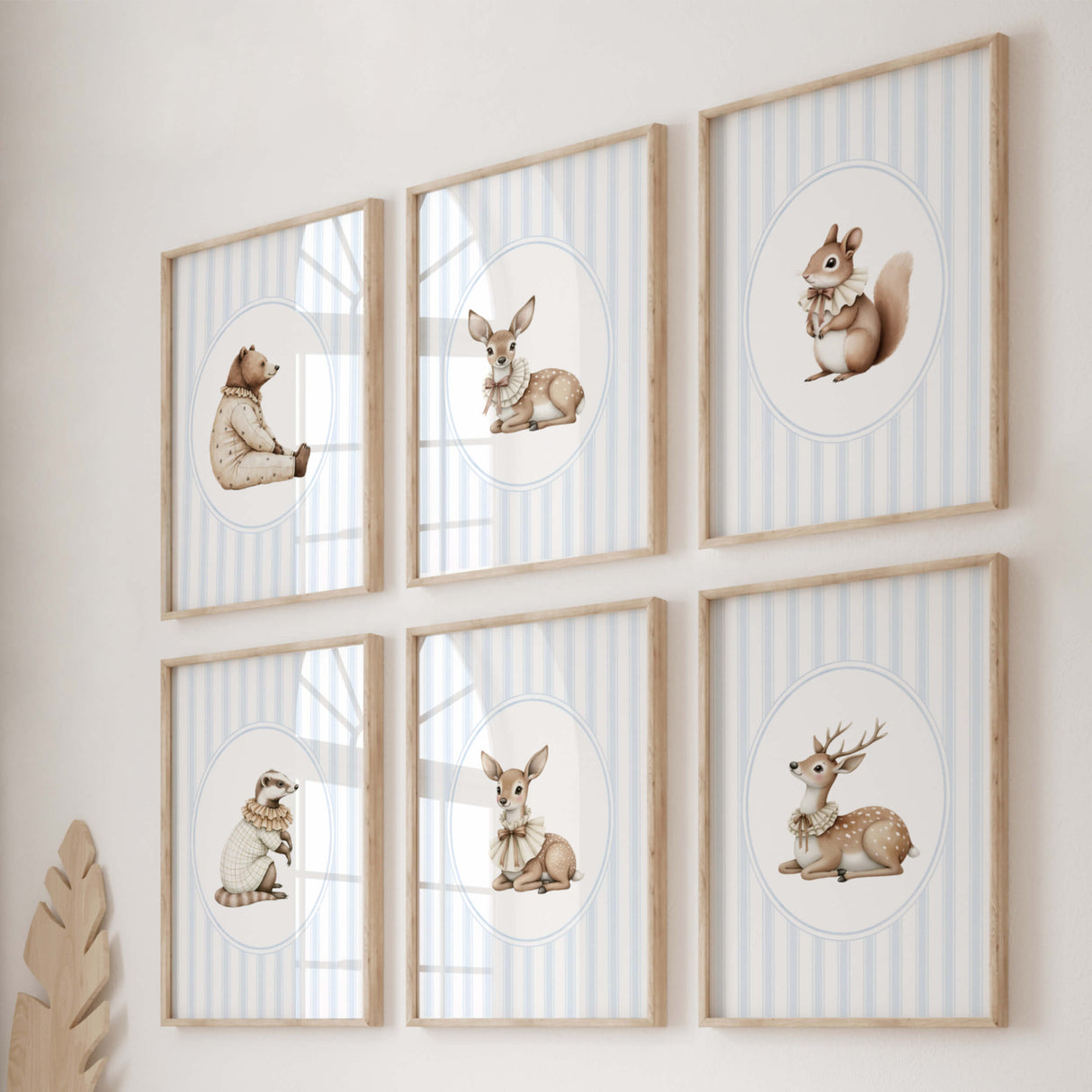 Watercolor vintage woodland on blue striped background print for baby boys room decor, boys nursery decor, striped nursery decor, blue brown nursery decor, rococo nursery decor, luxury nursery decor, cottagecore nursery decor, baroque nursery decor, includes animals: deer, bear, squirrel, badger.