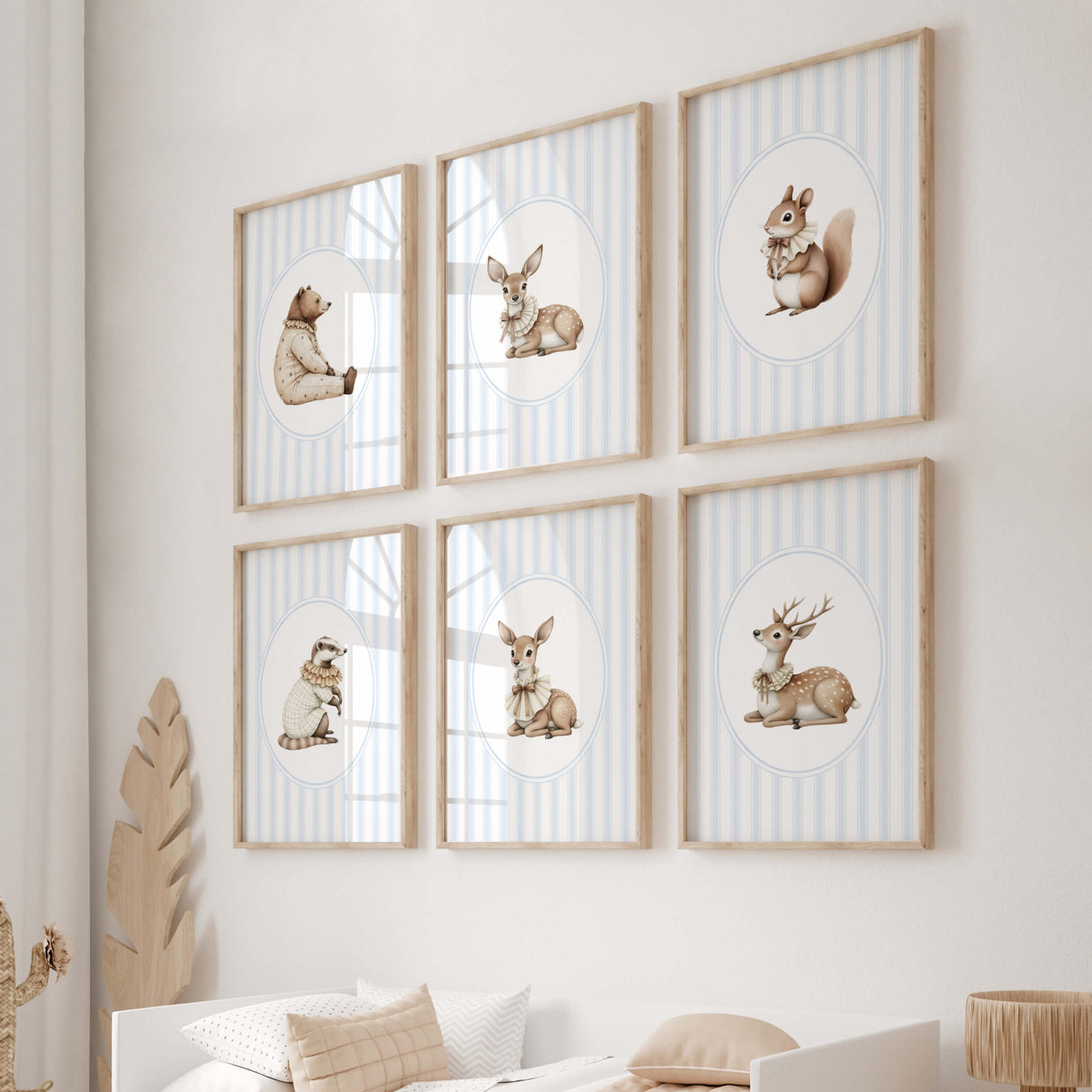 Watercolor vintage animal on blue striped background print for baby boys room decor, boys nursery decor, striped nursery decor, blue brown nursery decor, rococo nursery decor, luxury nursery decor, cottagecore nursery decor, baroque nursery decor, includes animals: deer, bear, squirrel, badger.