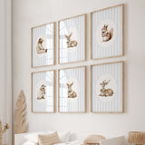 Watercolor vintage animal on blue striped background print for baby boys room decor, boys nursery decor, striped nursery decor, blue brown nursery decor, rococo nursery decor, luxury nursery decor, cottagecore nursery decor, baroque nursery decor, includes animals: deer, bear, squirrel, badger.