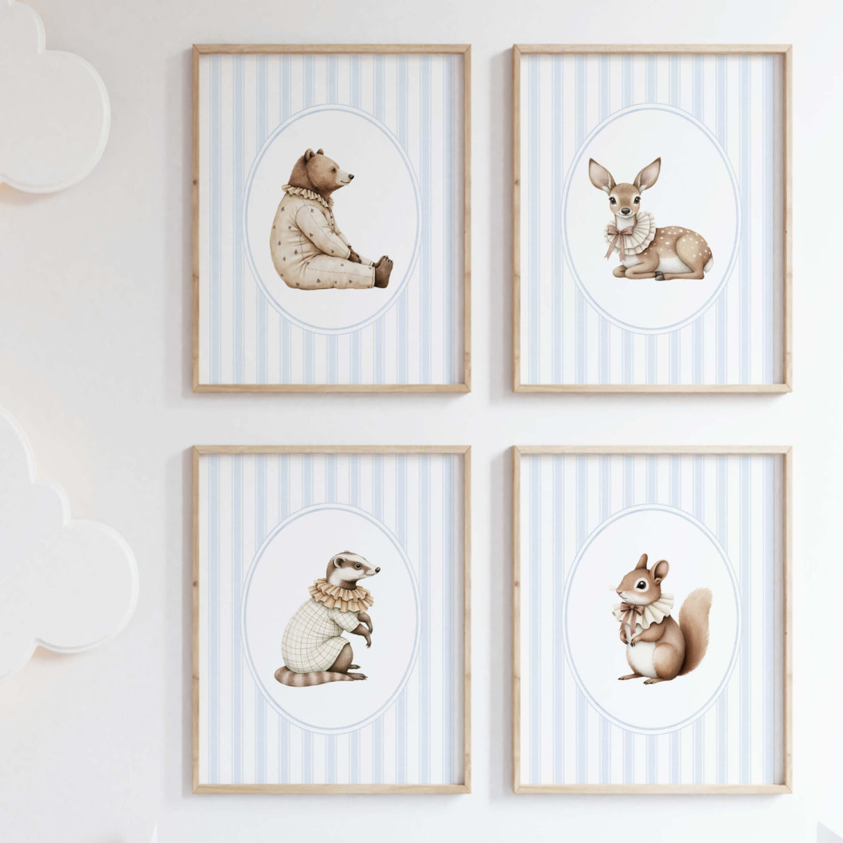 Watercolor vintage animal on blue striped background print for baby boys room decor, boys nursery decor, striped nursery decor, blue brown nursery decor, rococo nursery decor, luxury nursery decor, cottagecore nursery decor, baroque nursery decor, includes animals: deer, bear, squirrel, badger.