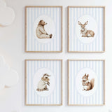 Watercolor vintage animal on blue striped background print for baby boys room decor, boys nursery decor, striped nursery decor, blue brown nursery decor, rococo nursery decor, luxury nursery decor, cottagecore nursery decor, baroque nursery decor, includes animals: deer, bear, squirrel, badger.