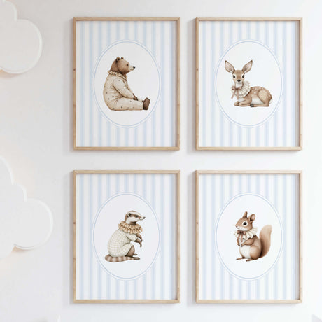 Watercolor vintage animal on blue striped background print for baby boys room decor, boys nursery decor, striped nursery decor, blue brown nursery decor, rococo nursery decor, luxury nursery decor, cottagecore nursery decor, baroque nursery decor, includes animals: deer, bear, squirrel, badger.