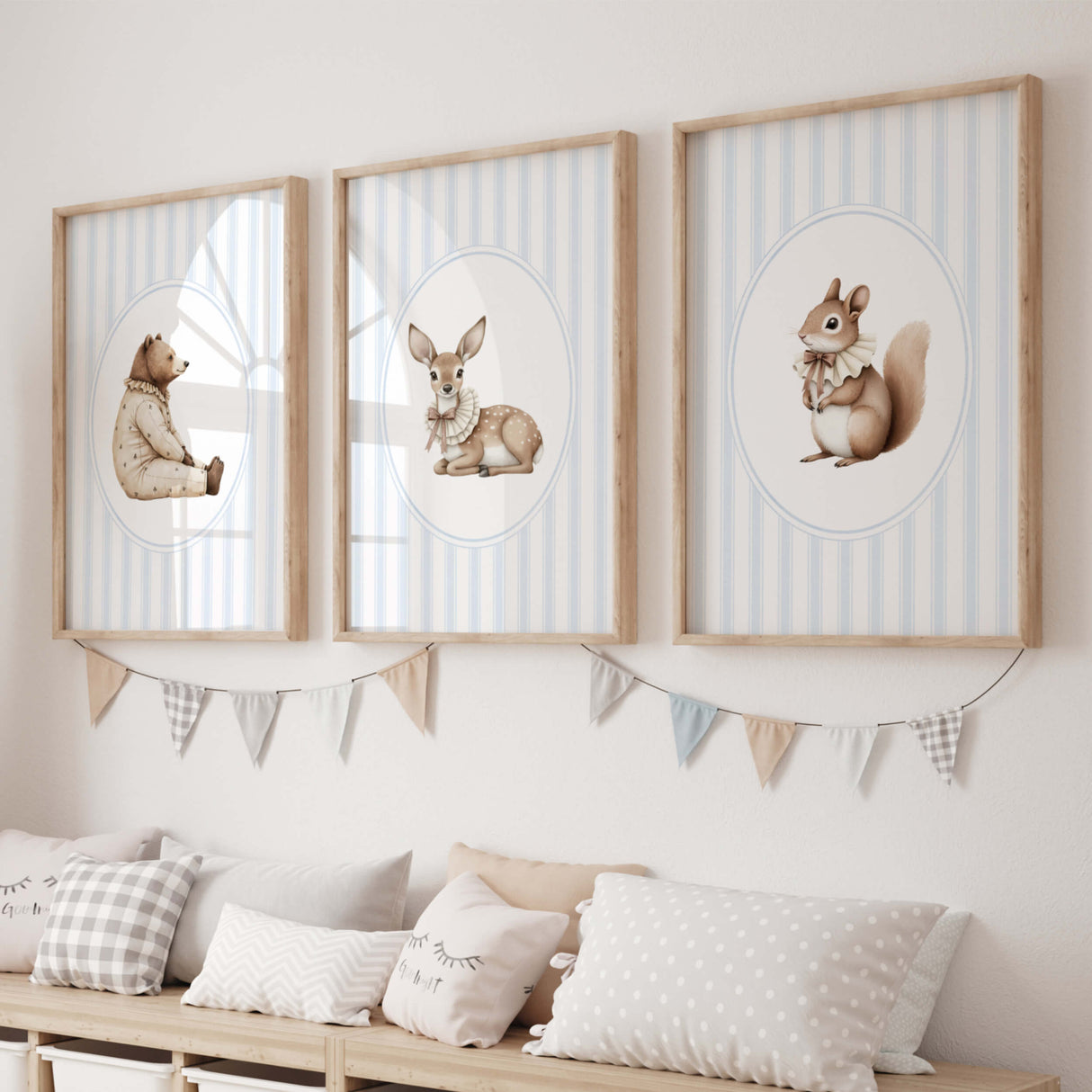 Watercolor vintage animal on blue striped background print for baby boys room decor, boys nursery decor, striped nursery decor, blue brown nursery decor, rococo nursery decor, luxury nursery decor, cottagecore nursery decor, baroque nursery decor, includes animals: deer, bear, squirrel, badger.