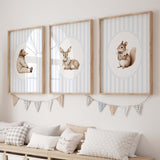 Watercolor vintage animal on blue striped background print for baby boys room decor, boys nursery decor, striped nursery decor, blue brown nursery decor, rococo nursery decor, luxury nursery decor, cottagecore nursery decor, baroque nursery decor, includes animals: deer, bear, squirrel, badger.