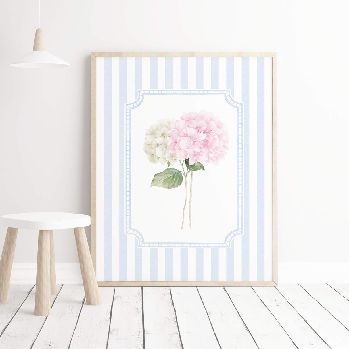 Blue striped hydrangea flower poster set digital wall art printable
