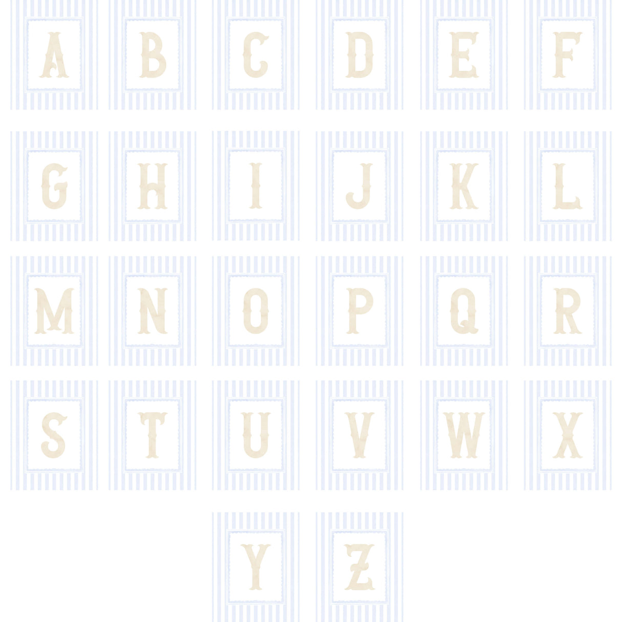 soft pastel nursery wall art with striped backgrounds and A to Z initial letters for baby boy or girl room