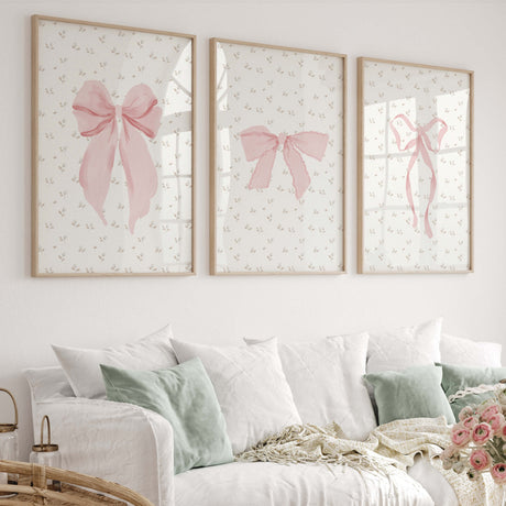 Set of six blush pink bow prints with vintage floral background for nursery wall decor