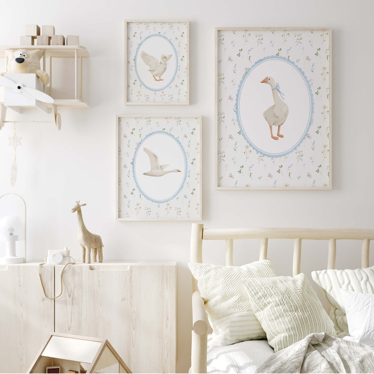 Heirloom quality goose nursery art printables with delicate wildflower details, countryside themed baby room wall decor
