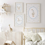 Heirloom quality goose nursery art printables with delicate wildflower details, countryside themed baby room wall decor
