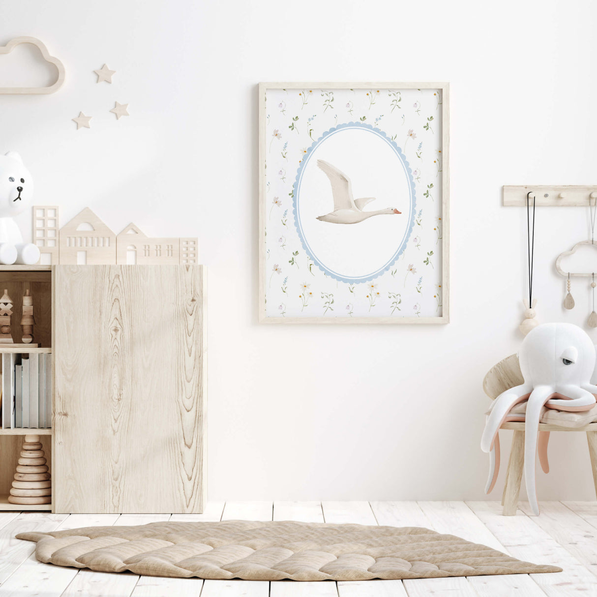 Easter goose printable wall art for nursery with delicate wildflower details, rustic woodland animal prints for baby room