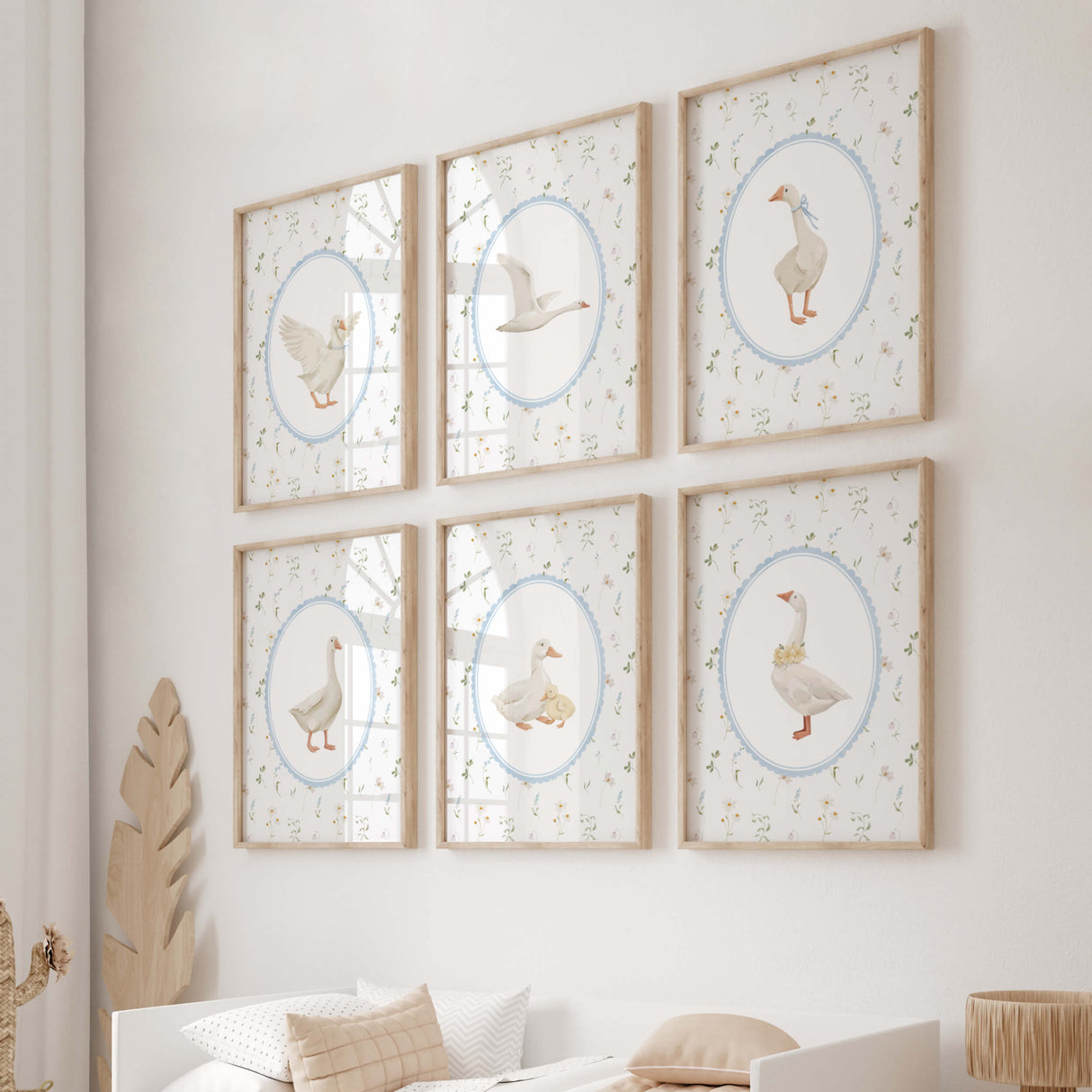 Farmhouse style goose printables for nursery, digital download art with delicate floral pattern background, cottagecore baby room decor in wooden frames