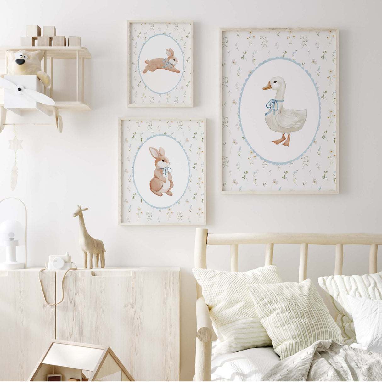 Watercolor bunny and duck printable for baby boys room decor, toddler room decor, blue nursery decor, boho nursery decor, cottagecore nursery decor, vintage nursery decor.