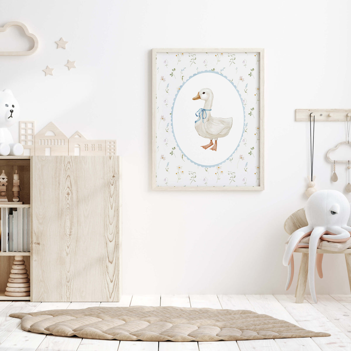 Bunny and Goose Nursery Print with Wildflower Background - Blue - Set ...