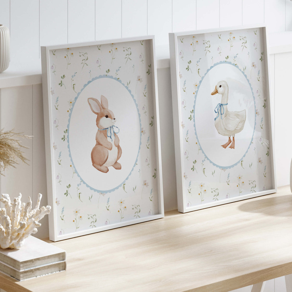 Watercolor bunny and goose print for baby boys room decor, toddler room decor, blue nursery decor, boho nursery decor, cottagecore nursery decor, vintage nursery decor.