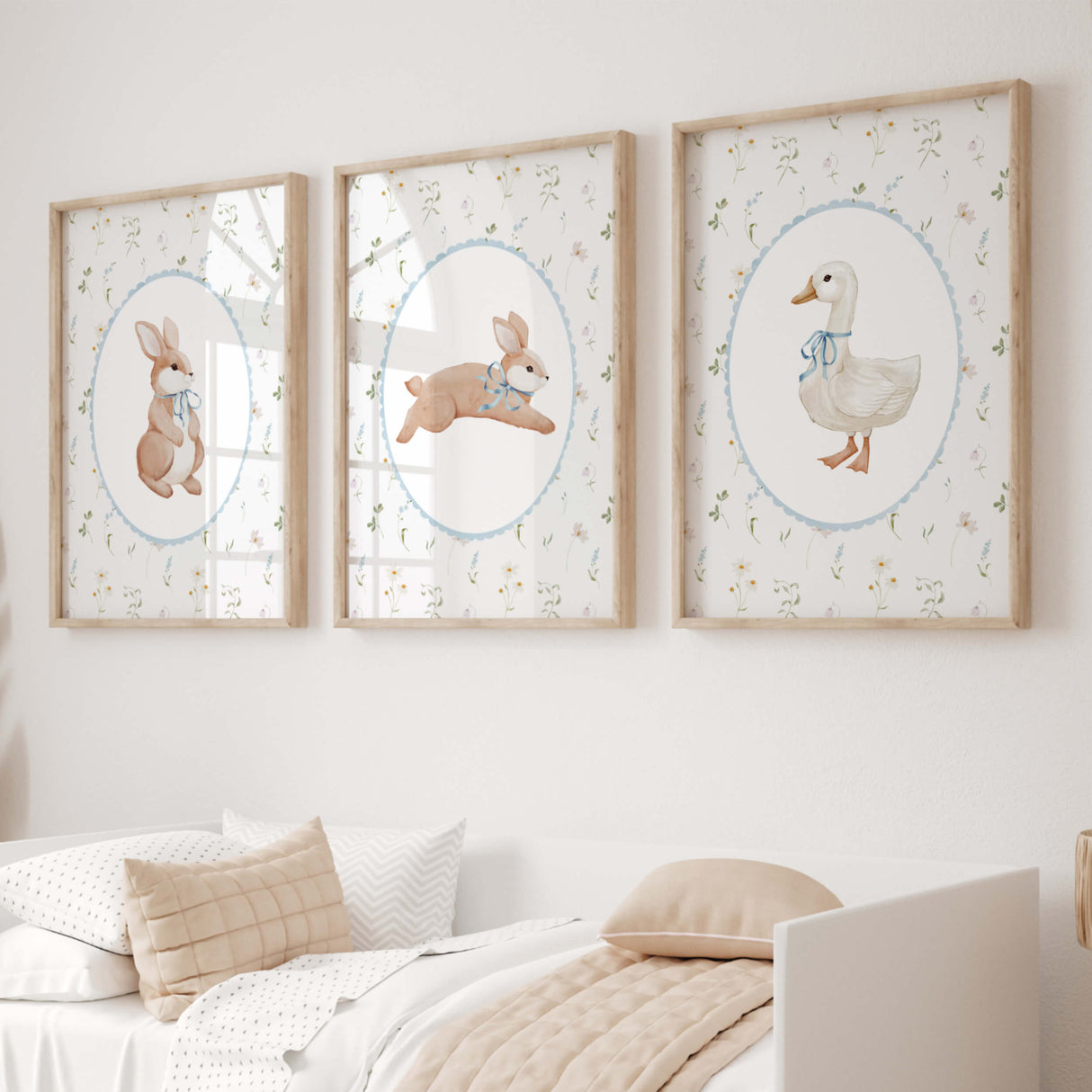Watercolor bunny and goose printable for baby boys room decor, toddler room decor, blue nursery decor, boho nursery decor, cottagecore nursery decor, vintage nursery decor.