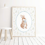 Watercolor bunny print for baby boys room decor, toddler room decor, blue nursery decor, boho nursery decor, cottagecore nursery decor, vintage nursery decor.