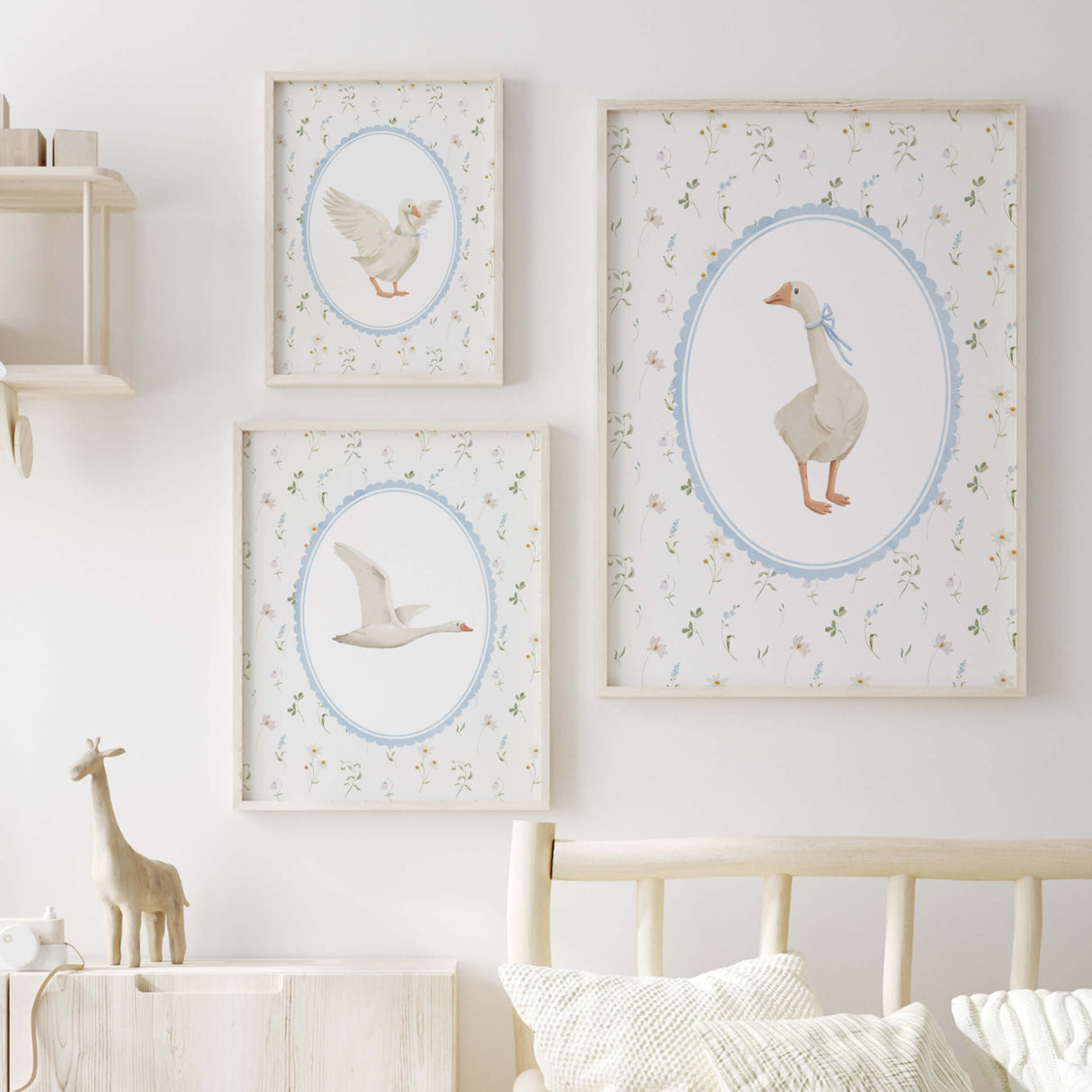 Farmhouse style goose printables for nursery, digital download art with delicate floral pattern background, cottagecore baby room decor in wooden frames