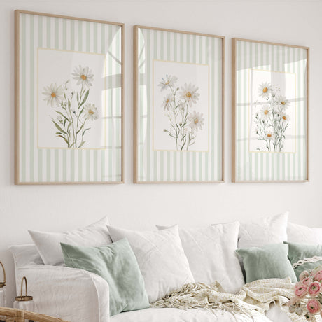 Sage green striped daisy wall art printable nursery decor set of 3

