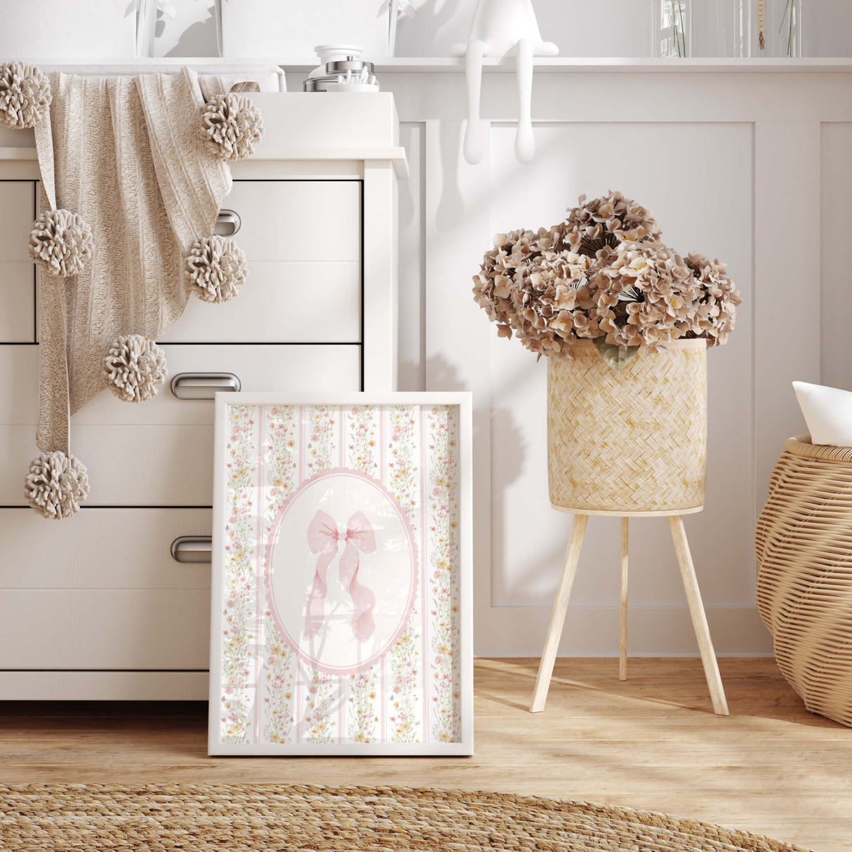 Bunny nursery wall art printable with floral and bow illustrations