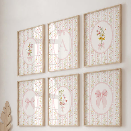 Vintage floral initial letters nursery wall art bundle with pink wildflowers and bow printable
