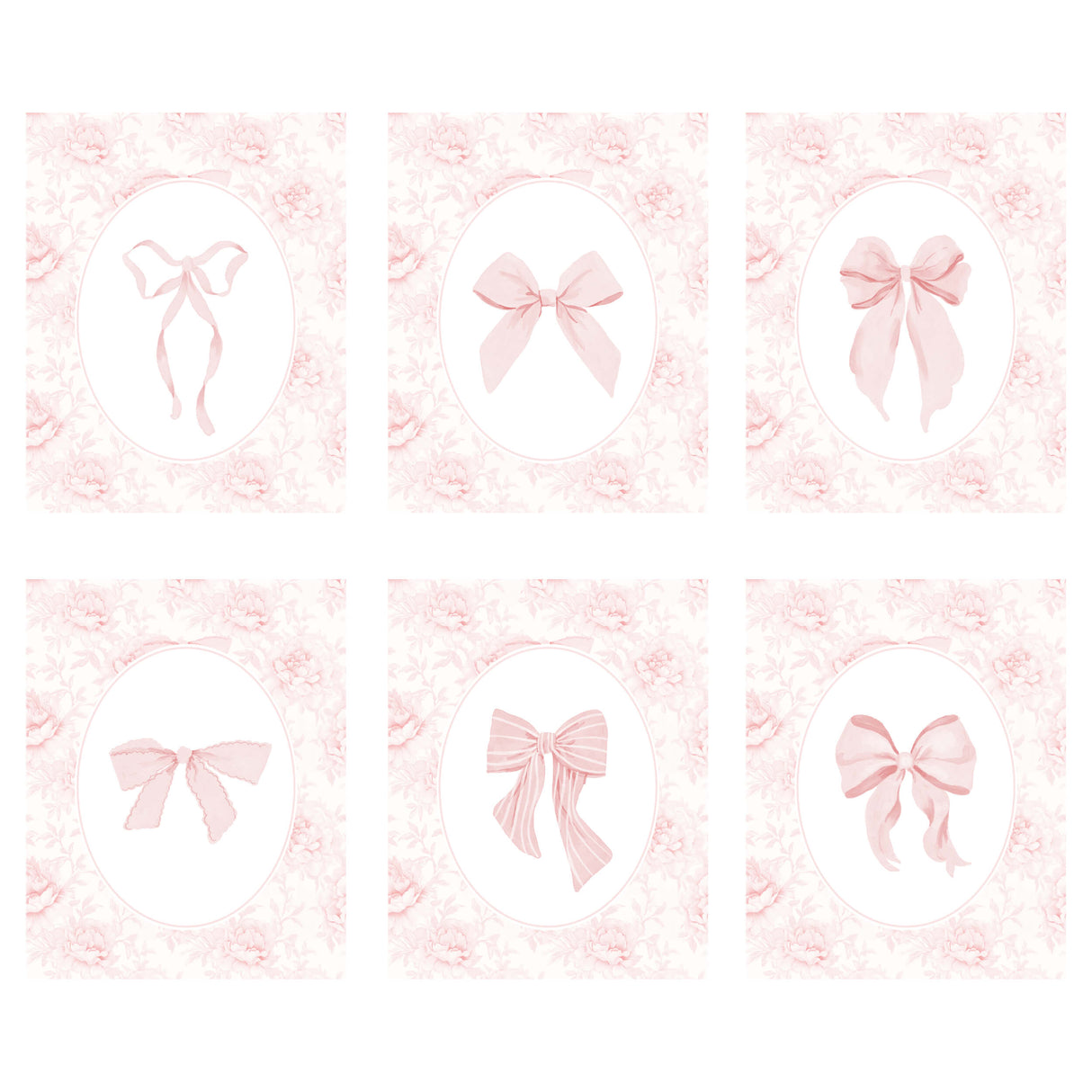 Set of six pink ribbon illustrations with floral chinoiserie background for nursery