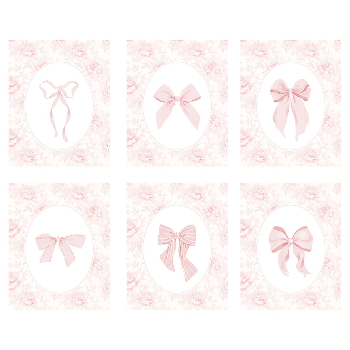 Set of six bow pink coquette print with chinoserie background.