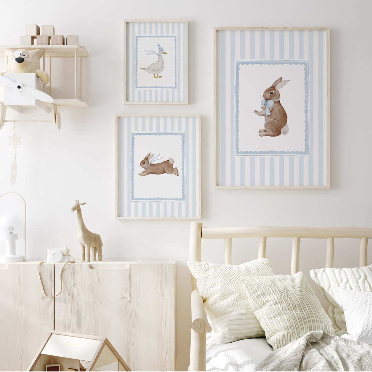 Woodland animal nursery art print set with duck and bunny in soft pastel colors.

