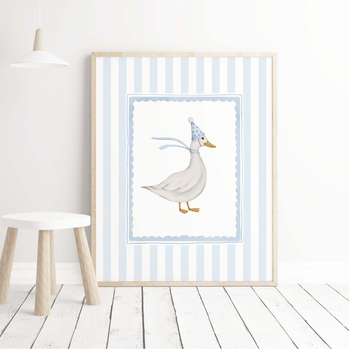 Instant download nursery wall art with whimsical animal illustrations in blue and white.

