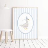 Baby nursery animal prints set with blue striped background and framed artwork.

