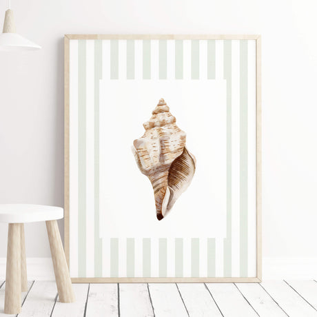 Neutral watercolor seashell prints for beach house wall decor.