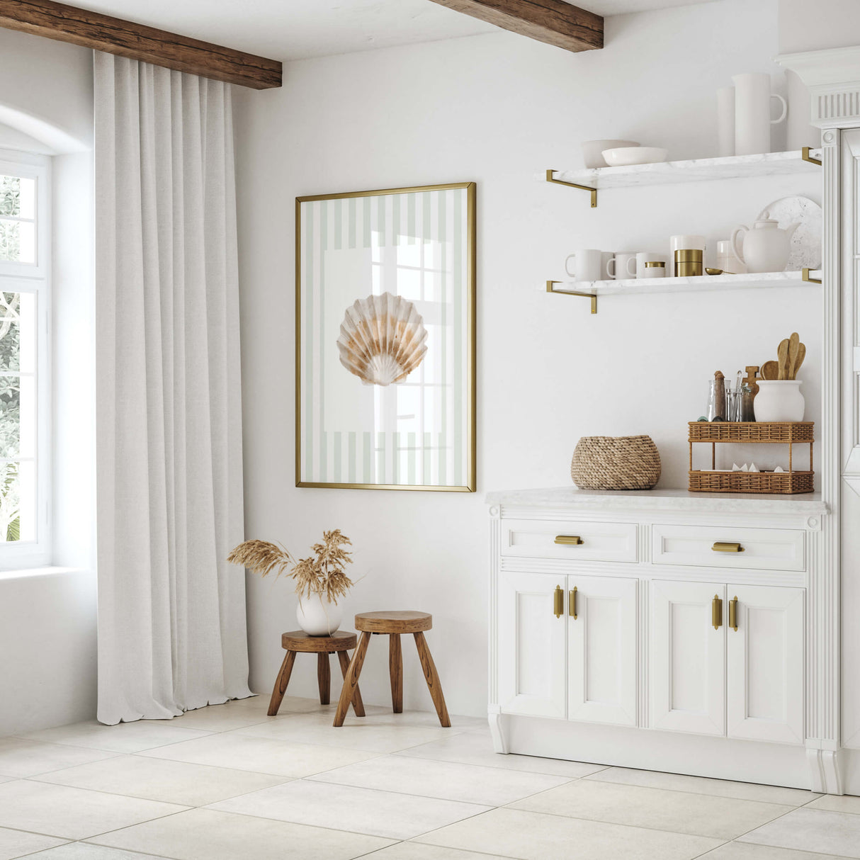 Modern beach wall decor printable with watercolor seashells.