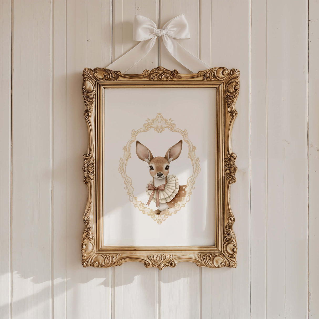 Watercolor vintage forest animal portrait with yellow baroque crest poster for gender neutral nursery decor, victorian nursery decor, beige white nursery decor, rococo nursery decor, luxury nursery decor, baroque nursery decor, includes woodland animals: bear, deer, squirrel.