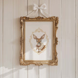 Watercolor vintage forest animal portrait with yellow baroque crest poster for gender neutral nursery decor, victorian nursery decor, beige white nursery decor, rococo nursery decor, luxury nursery decor, baroque nursery decor, includes woodland animals: bear, deer, squirrel.