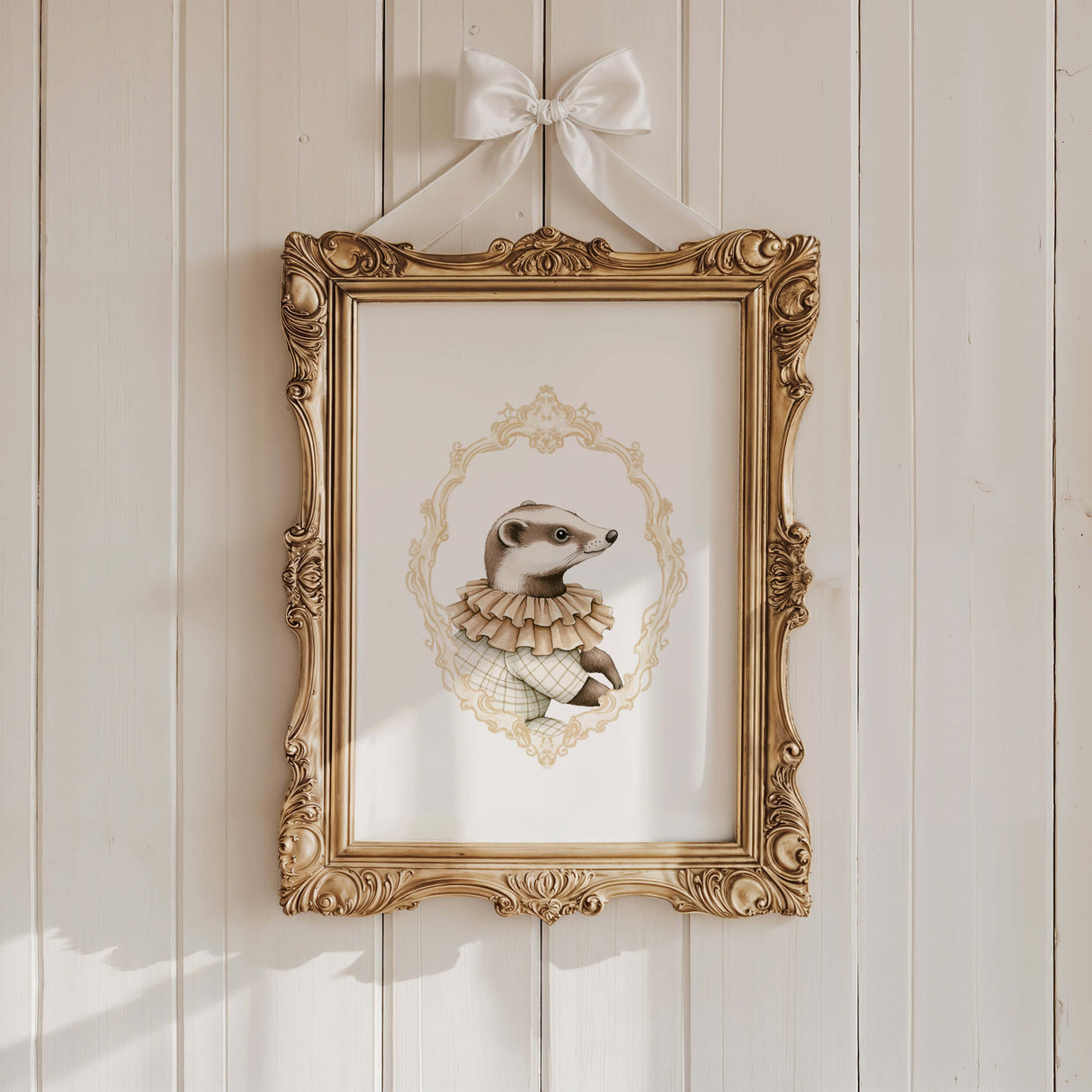 Watercolor vintage badger portrait with yellow baroque crest print for gender neutral nursery decor, victorian nursery decor, beige white nursery decor, rococo nursery decor, luxury nursery decor, baroque nursery decor, includes woodland animals: bear, deer, squirrel.