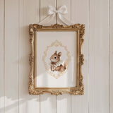 Watercolor vintage squirrel portrait with yellow baroque crest print for gender neutral nursery decor, victorian nursery decor, beige white nursery decor, rococo nursery decor, luxury nursery decor, baroque nursery decor.