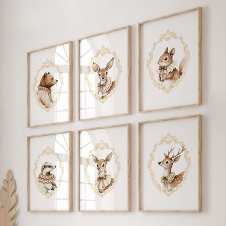 Watercolor vintage woodland animal portrait with yellow baroque crest print for gender neutral nursery decor, victorian nursery decor, beige white nursery decor, rococo nursery decor, luxury nursery decor, baroque nursery decor, includes animals: deer, bear, squirrel, badger.