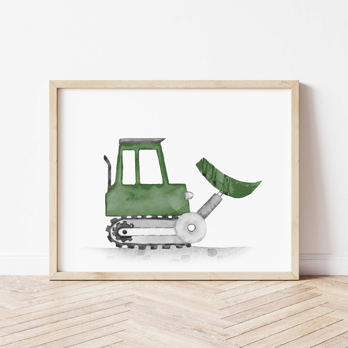 Watercolor construction vehicle print with bulldozer in hunter green colors for toddler room decor, baby boys room decor and kids room decor.