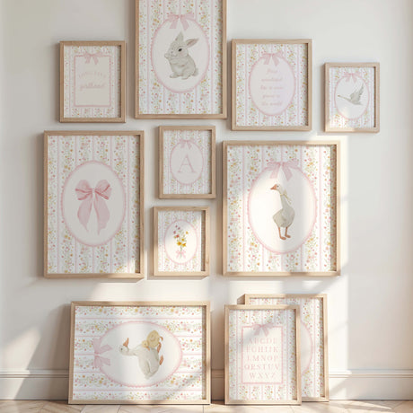 Pink bunny and goose floral nursery printable wall art set with vintage striped background