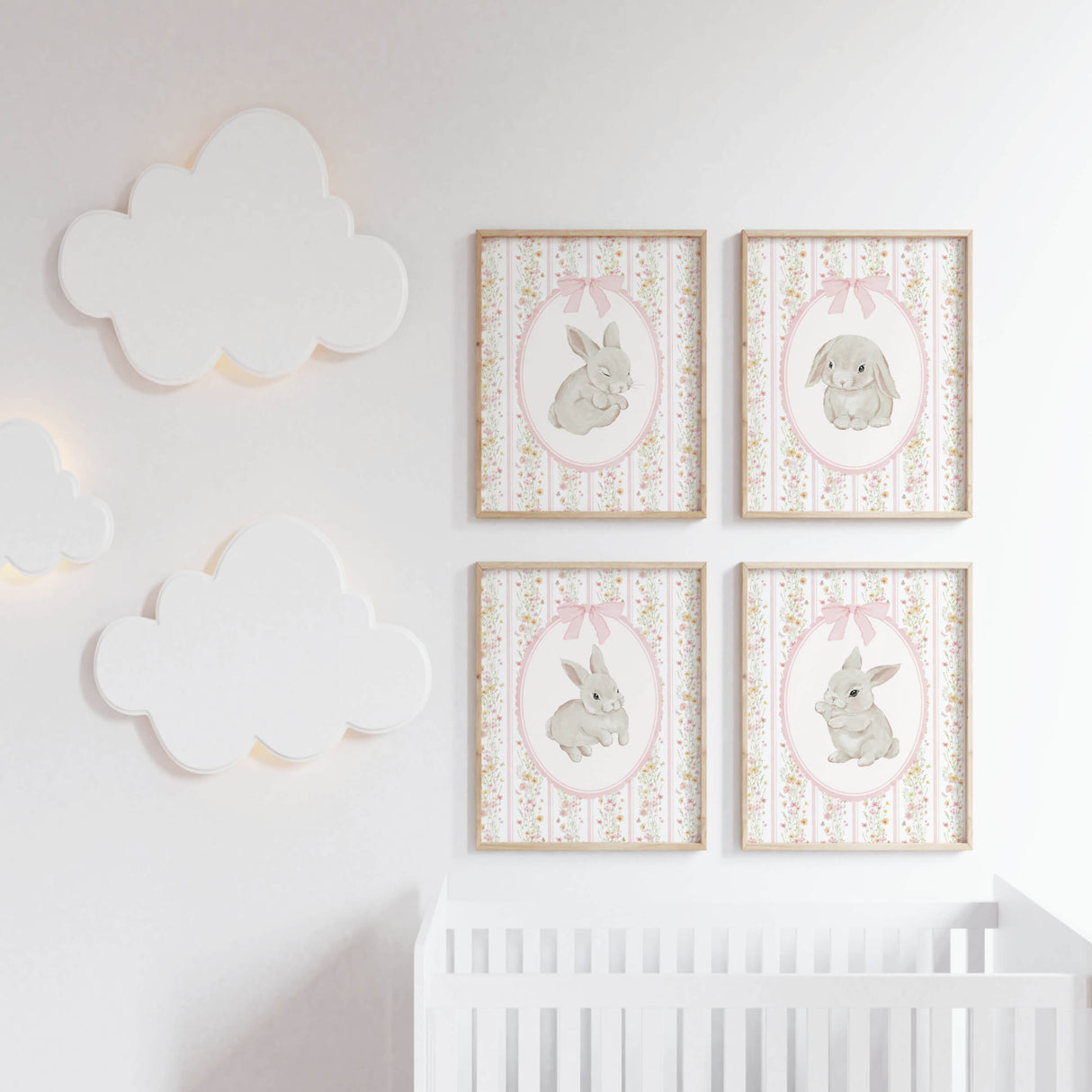 Cottagecore bunny nursery wall decor with soft pink vintage style