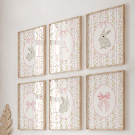 Bunny floral nursery wall art bundle with initial letters bows and vintage pink decor