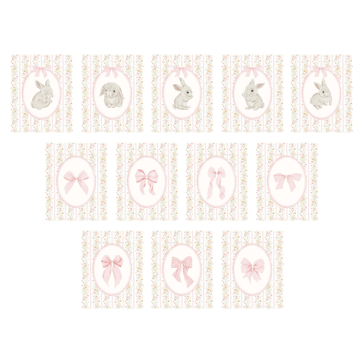 Feminine nursery wall art with bunny illustrations flowers and bows