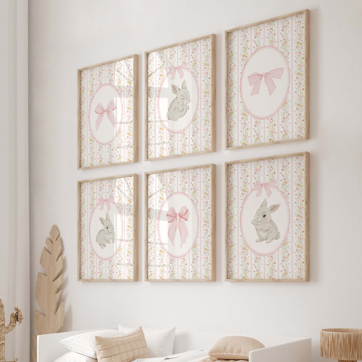 Bunny nursery wall art printable with floral and bow illustrations