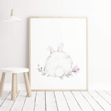 Watercolor bunny printable with bunny tail in white, gray, purple, lilac colors for baby girls room decor.