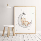 Watercolor bunny on the moon printable in gray and beige colors for gender neutral nursery decor, baby boys room decor, baby girls room decor.