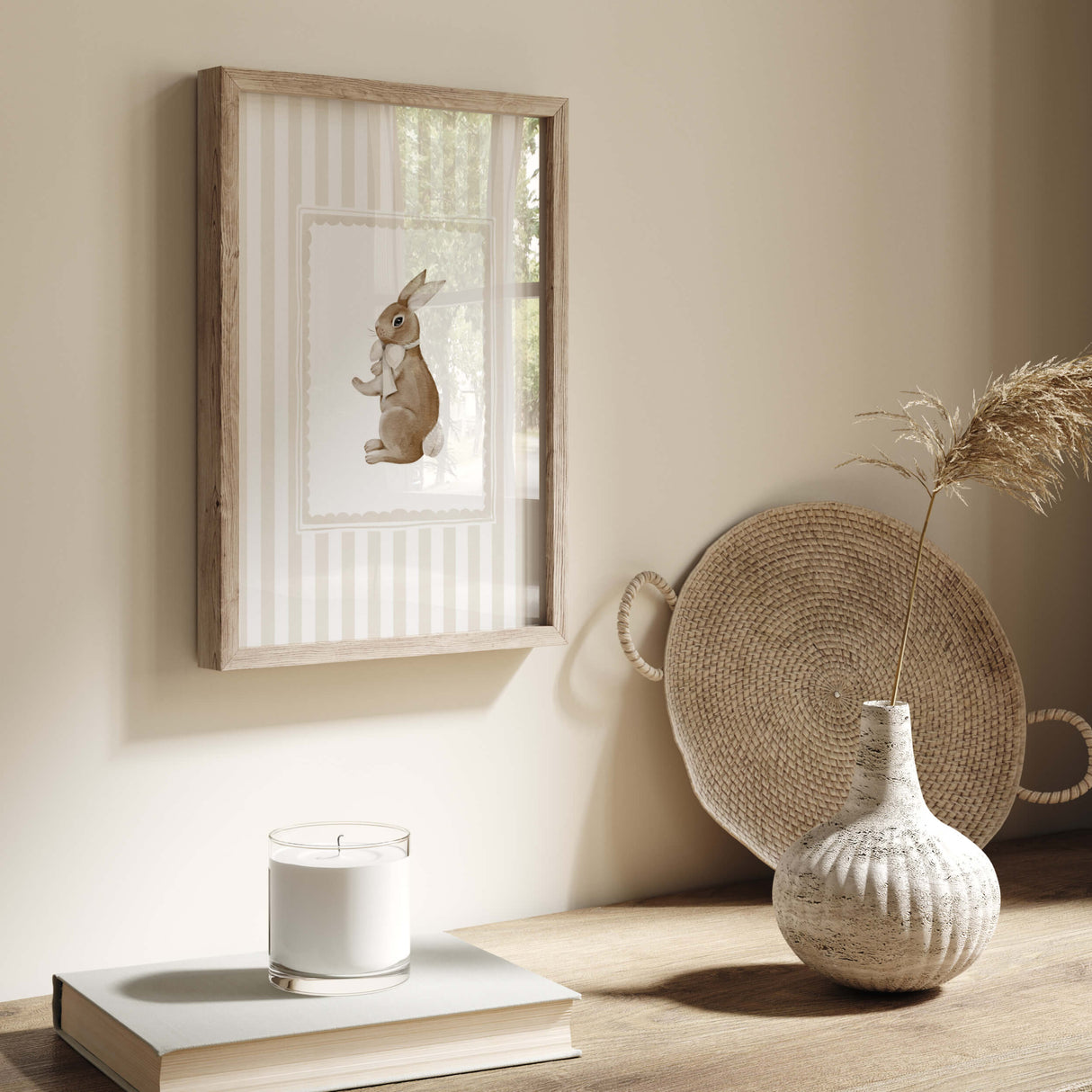 Gender-neutral nursery wall art set in soft beige with baby bunny and duck.