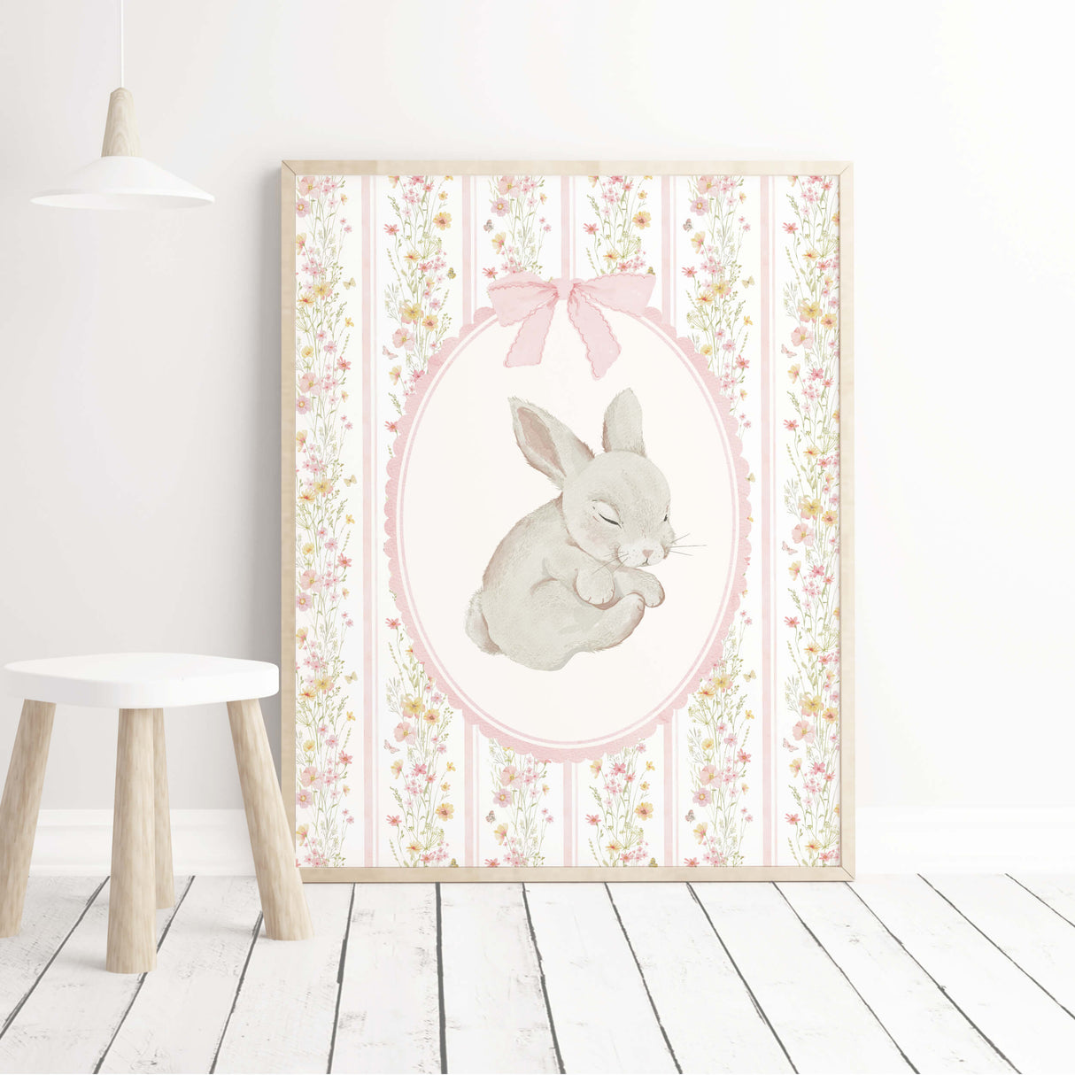 Vintage bunny nursery wall decor printable with pastel florals