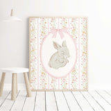 Vintage bunny nursery wall decor printable with pastel florals